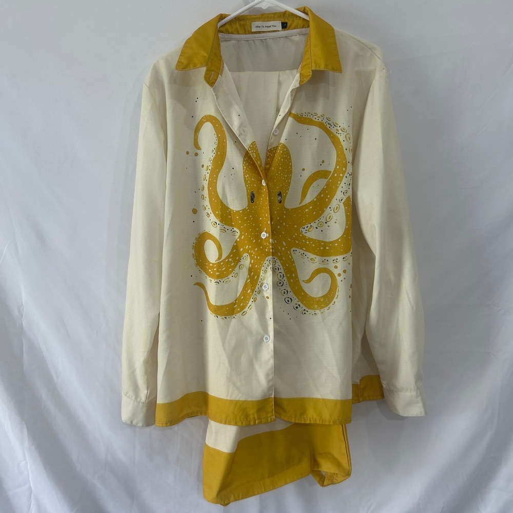 Nice To Meet You Octopus Print 2 Piece Set Shirt and Pants Cream Yellow Large